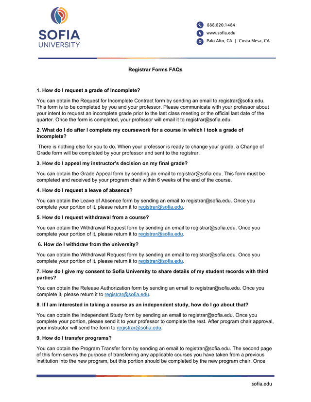 Registrar Forms FAQs screenshot
