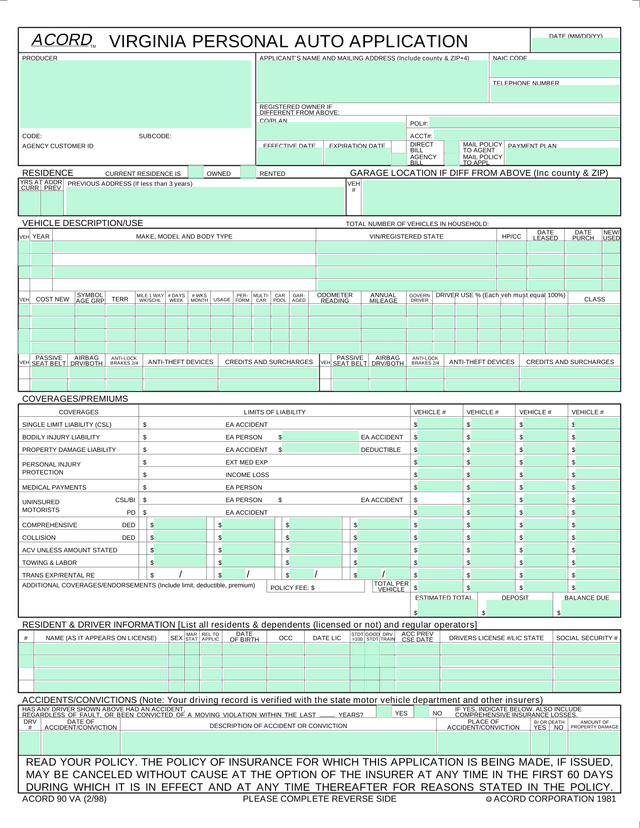 Virginia Personal Auto Application (ACORD 90 VA) screenshot