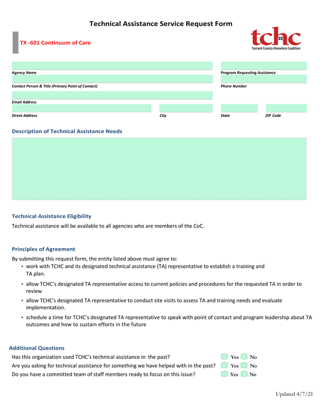 Technical Assistance Service Request Form screenshot