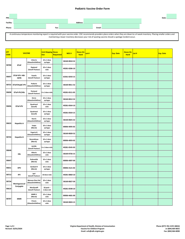Pediatric Vaccine Order Form screenshot