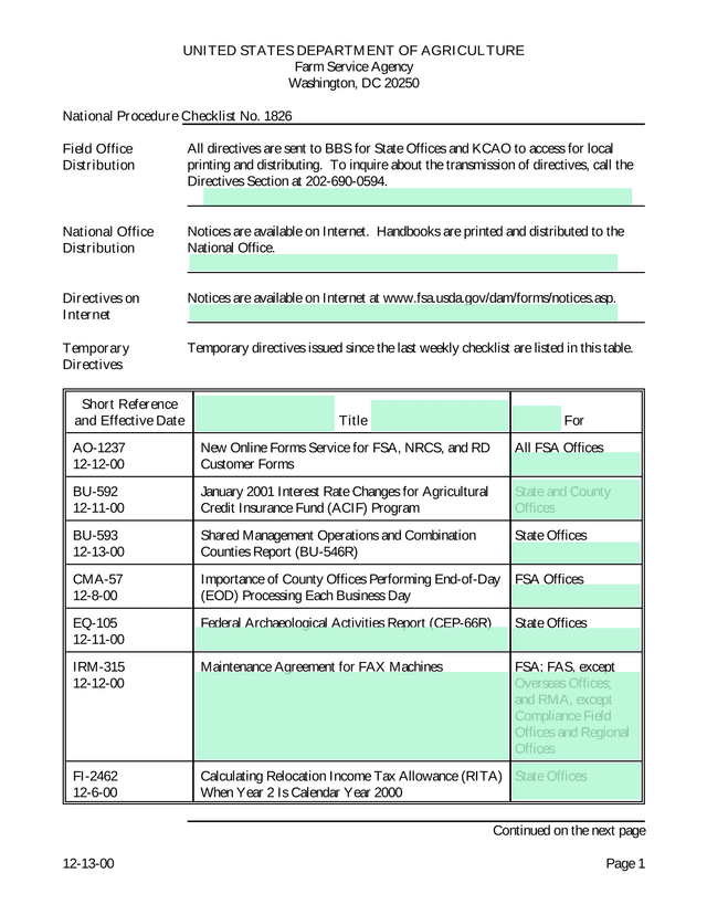 National Procedure Checklist No. 1826 screenshot