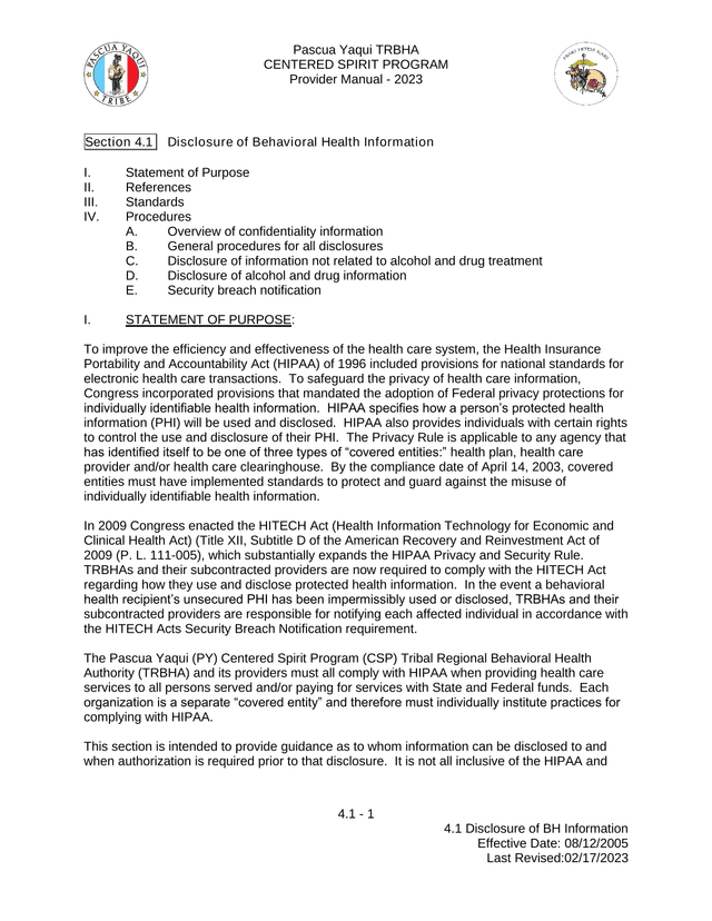 Pascua Yaqui TRBHA Centered Spirit Program Provider Manual screenshot