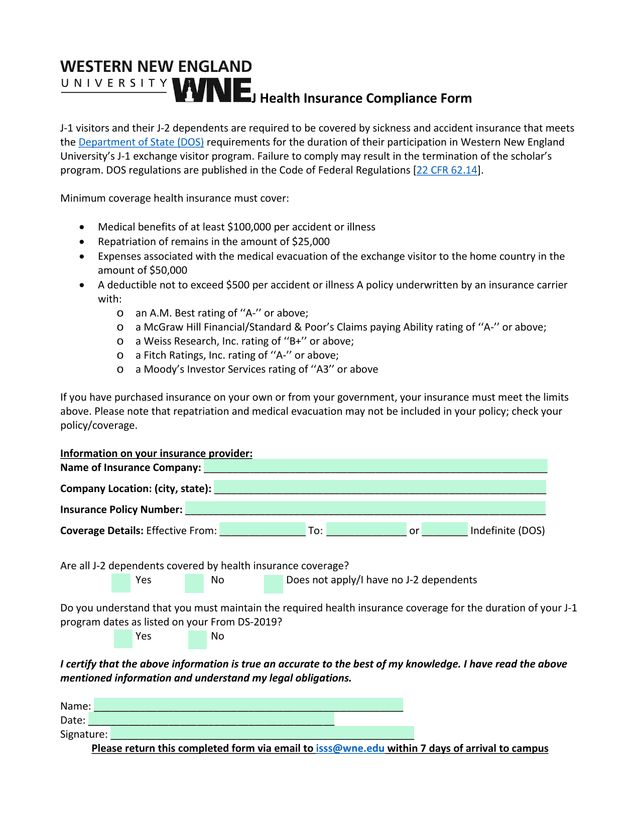 J Health Insurance Compliance Form screenshot