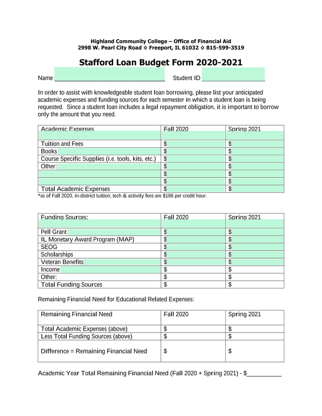 Stafford Loan Budget Form 2020 2021 screenshot