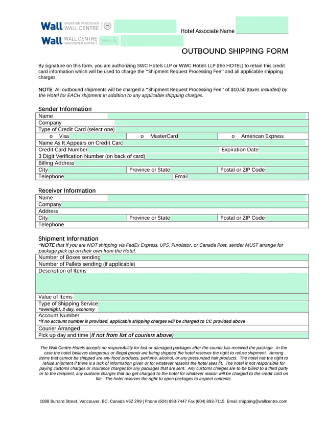 OUTBOUND SHIPPING FORM screenshot