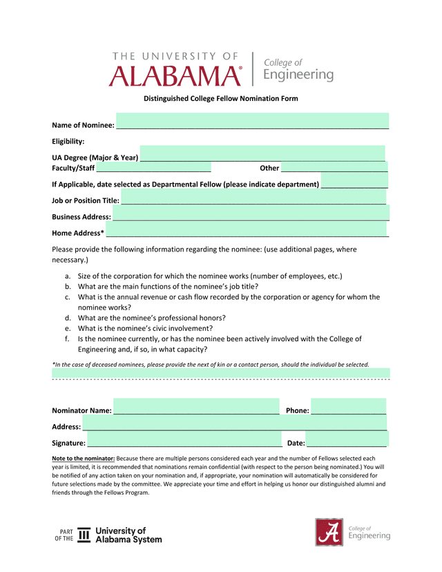 Distinguished College Fellow Nomination Form screenshot