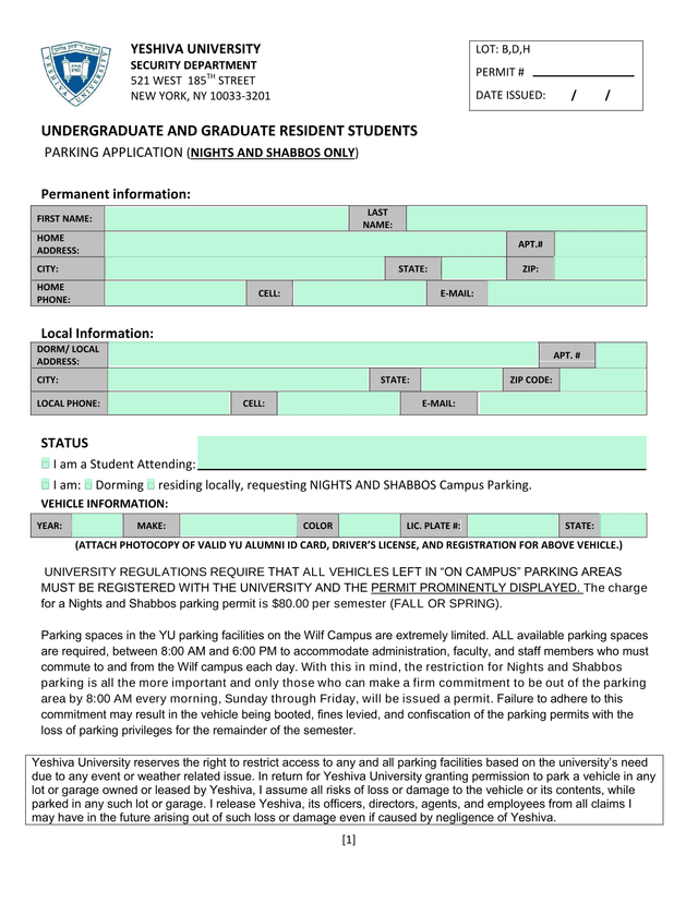 UNDERGRADUATE AND GRADUATE RESIDENT STUDENTS PARKING APPLICATION (NIGHTS AND SHABBOS ONLY) screenshot