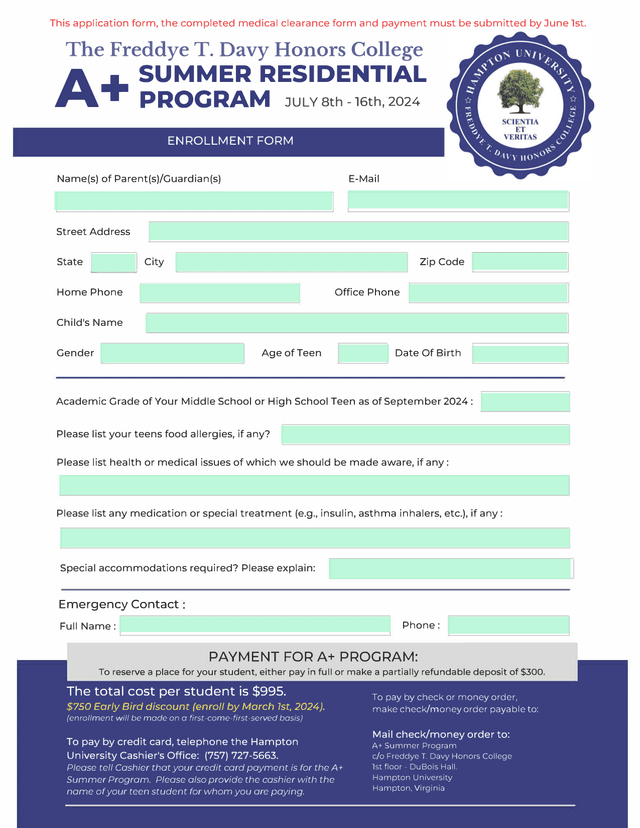 A Summer Residential Program Enrollment Form screenshot