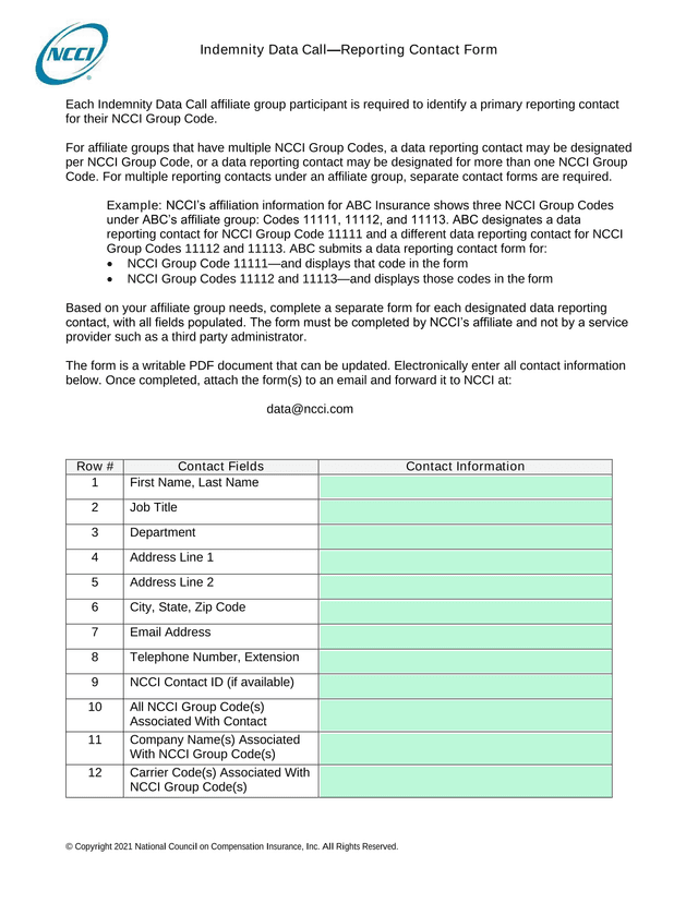 Indemnity Data CallReporting Contact Form screenshot