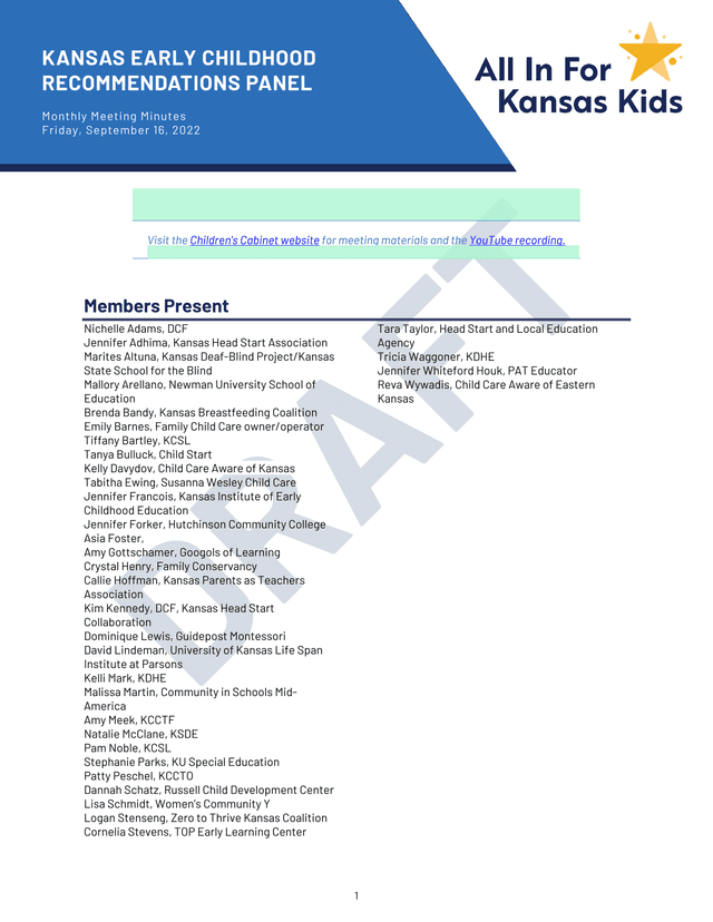 Kansas Early Childhood Recommendations Panel Monthly Meeting Minutes screenshot