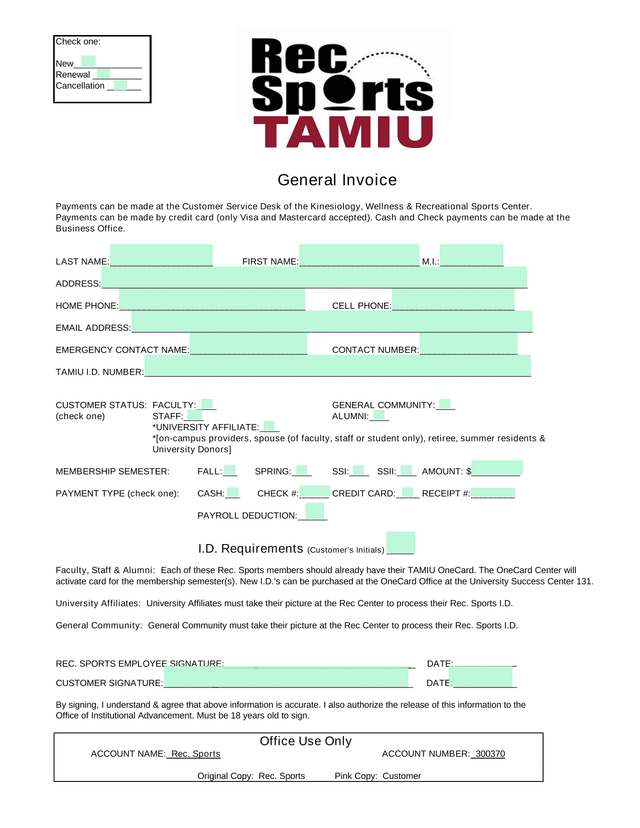 Recreational Sports Membership Form screenshot