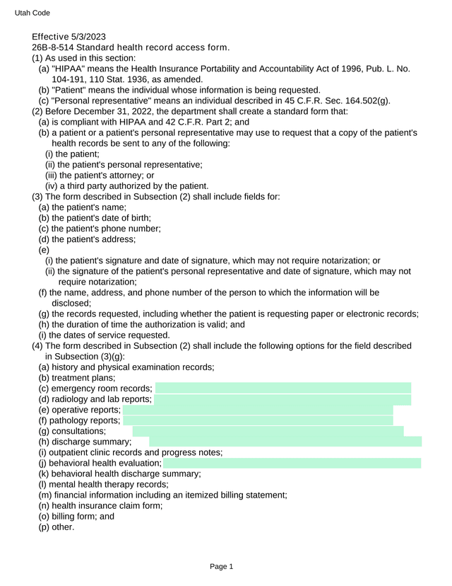 Utah Code 26B 8 514 Standard Health Record Access Form screenshot