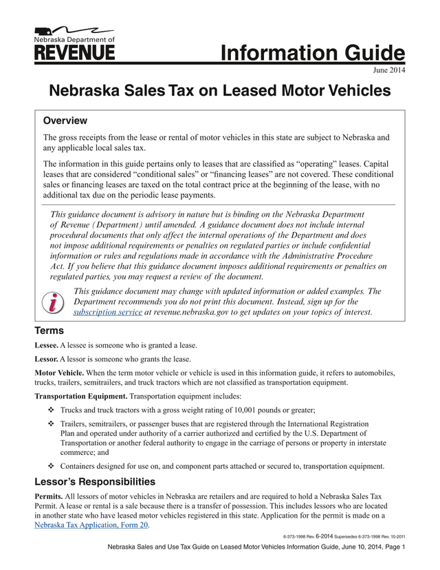 Nebraska Sales And Use Tax Guide On Leased Motor Vehicles Information Guide screenshot