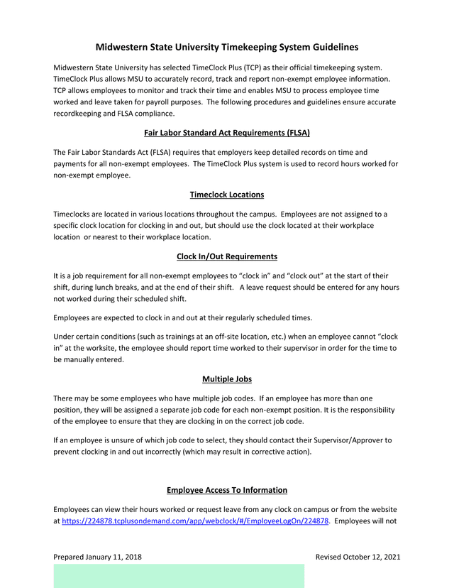 Midwestern State University Timekeeping System Guidelines screenshot