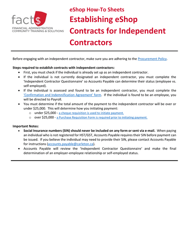 EShop How To Sheets Establishing EShop Contracts For Independent Contractors screenshot