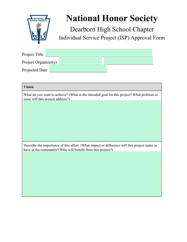 Individual Service Project (ISP) Approval Form screenshot