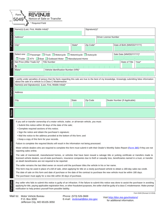 Notice Of Sale Of Motor Vehicle screenshot