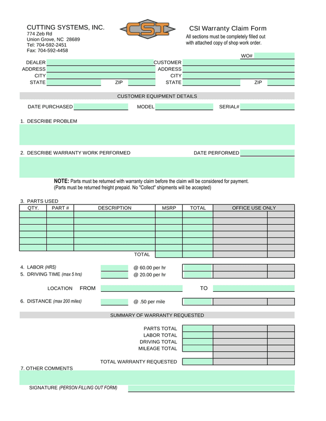 CSI Warranty Claim Form screenshot