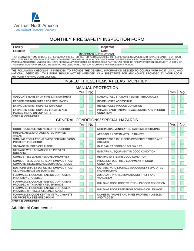 MONTHLY FIRE SAFETY INSPECTION FORM screenshot