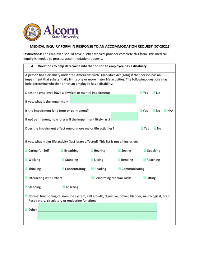 Medical Inquiry Form In Response To An Accommodation Request screenshot