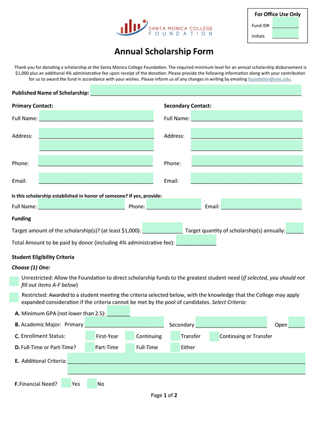 Annual Scholarship Form screenshot