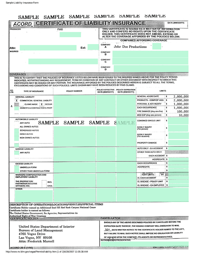 Sample Liability Insurance Form screenshot