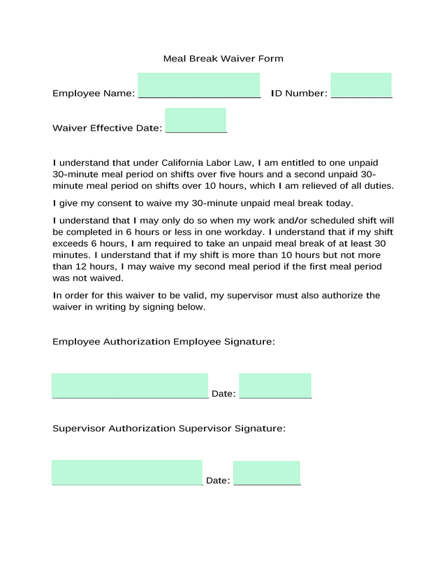 Meal Break Waiver Form screenshot