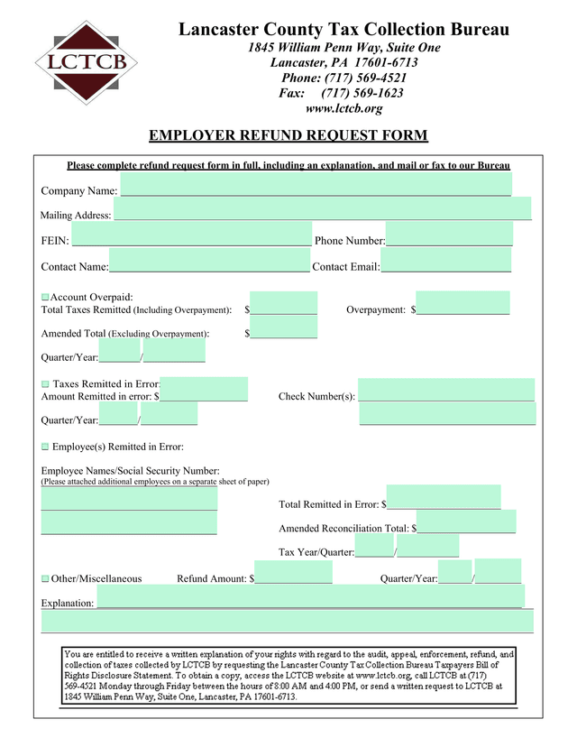 Employer Refund Request Form screenshot