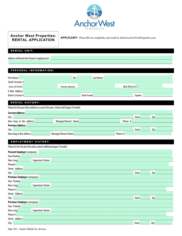 Anchor West Properties RENTAL APPLICATION screenshot