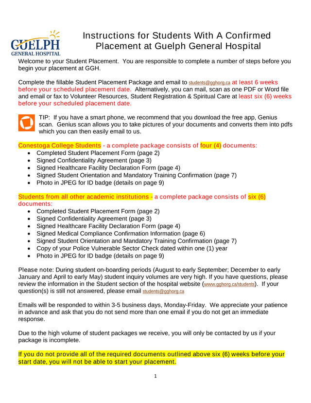 Instructions For Students With A Confirmed Placement At Guelph General Hospital screenshot