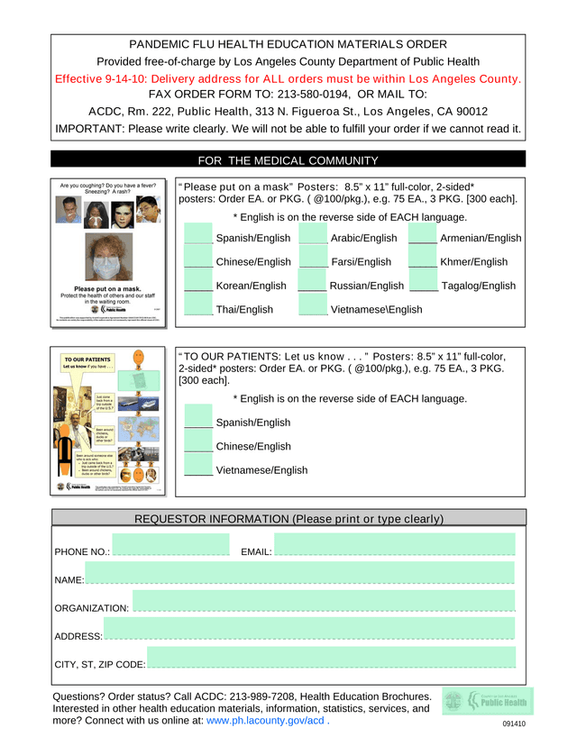 Pandemic Flu Health Education Materials Order screenshot