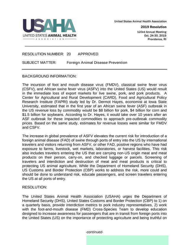 Resolution Number 20 Foreign Animal Disease Prevention screenshot
