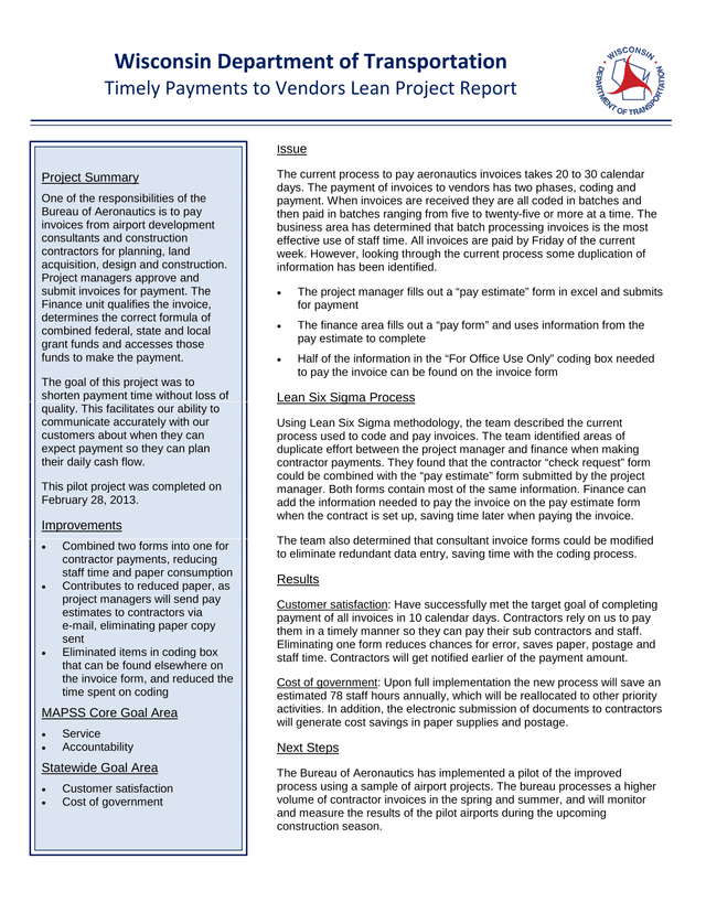 Timely Payments To Vendors Lean Project Report screenshot