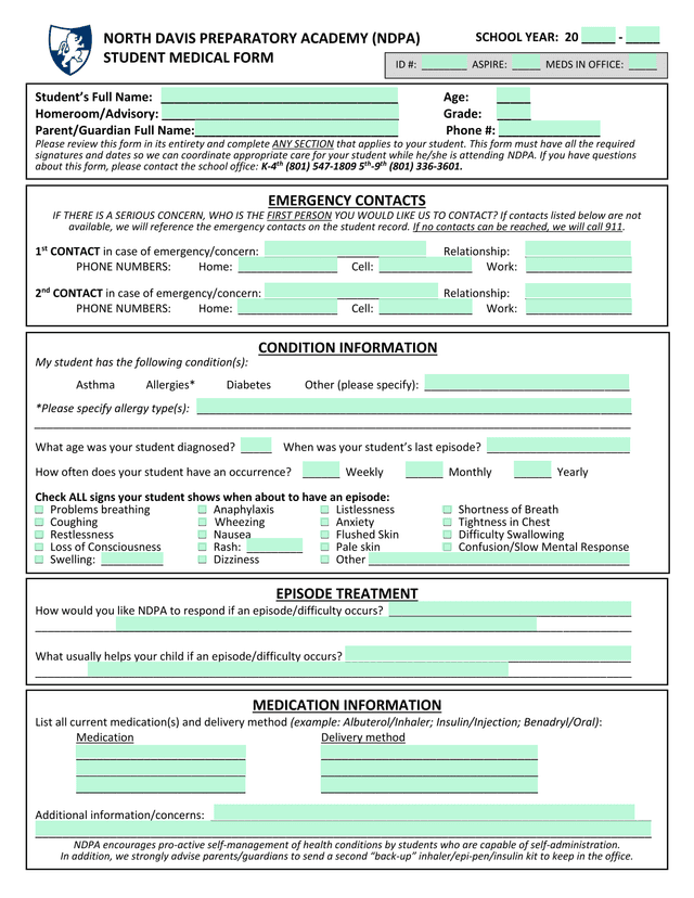 NORTH DAVIS PREPARATORY ACADEMY (NDPA) STUDENT MEDICAL FORM screenshot