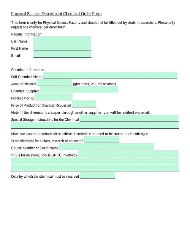 Physical Science Department Chemical Order Form screenshot