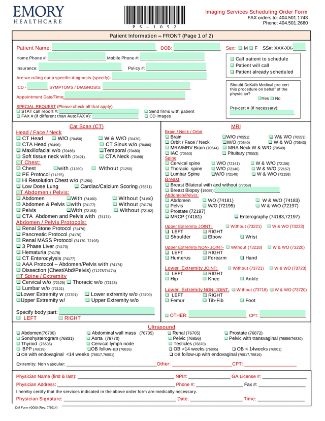 Imaging Services Scheduling Order Form screenshot