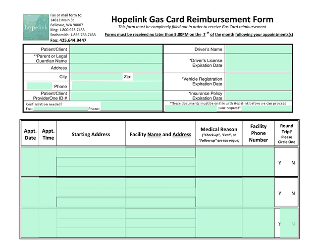 Hopelink Gas Card Reimbursement Form screenshot