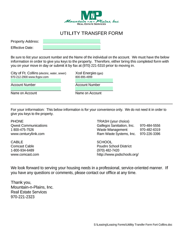 Utility Transfer Form screenshot