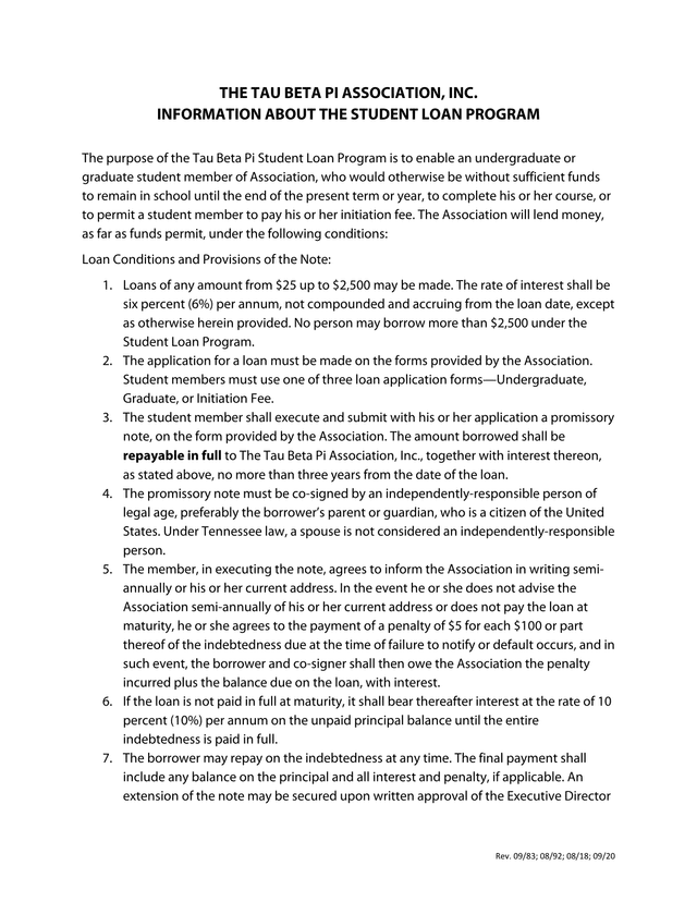 Tau Beta Pi Student Loan Program Information screenshot