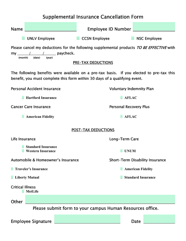 Supplemental Insurance Cancellation Form screenshot