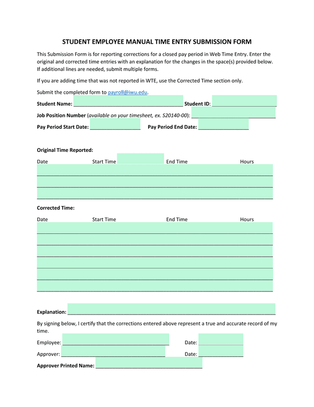 Student Employee Manual Time Entry Submission Form screenshot