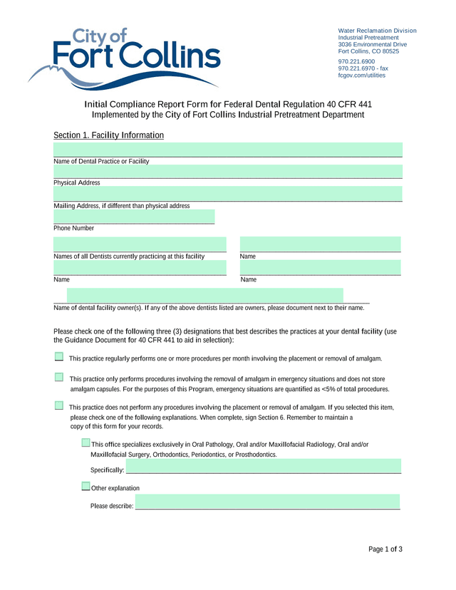 Initial Compliance Report Form For Federal Dental Regulation 40 CFR 441 screenshot