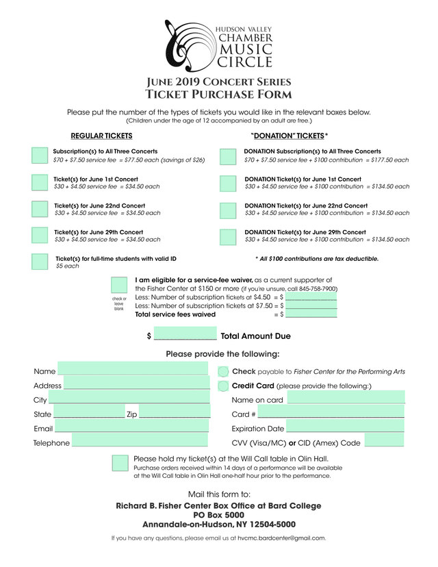 June 2019 Concert Series Ticket Purchase Form screenshot