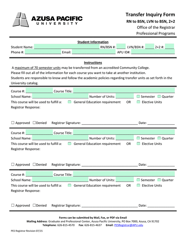 Transfer Inquiry Form screenshot