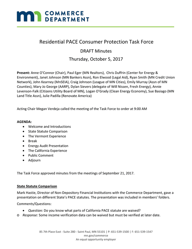 Residential PACE Consumer Protection Task Force   DRAFT Minutes screenshot