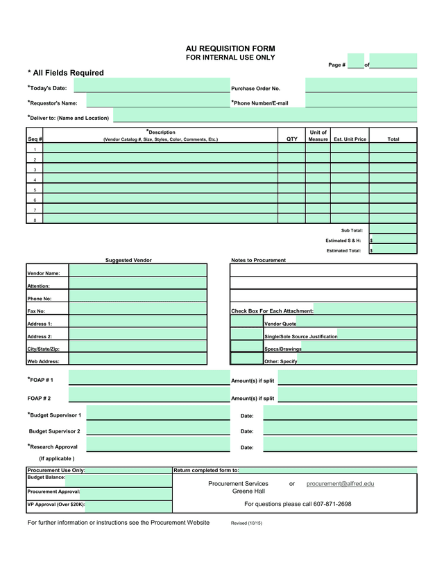 AU REQUISITION FORM screenshot