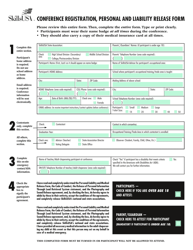 Conference Registration, Personal And Liability Release Form screenshot