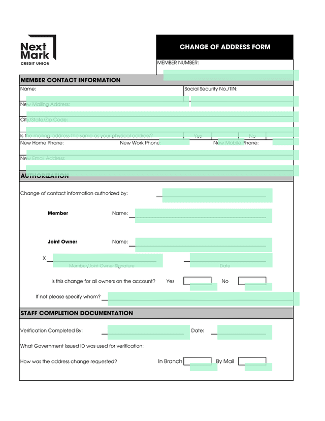 CHANGE OF ADDRESS FORM screenshot