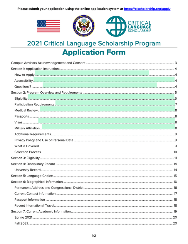 2021 Critical Language Scholarship Program Application Form screenshot