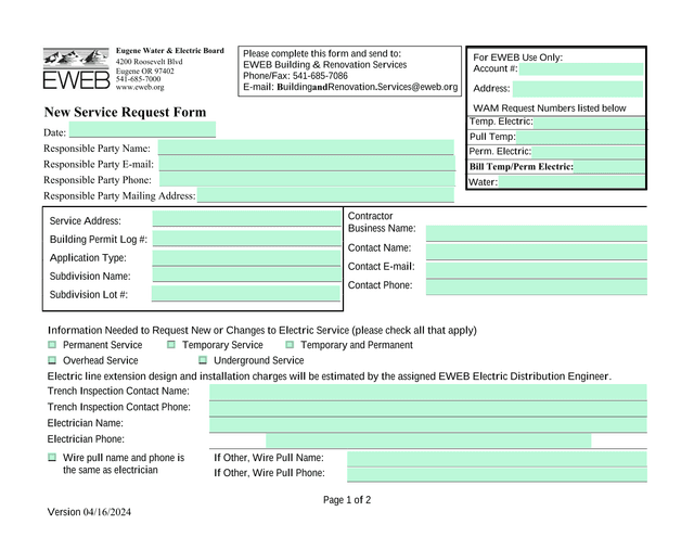 New Service Request Form screenshot